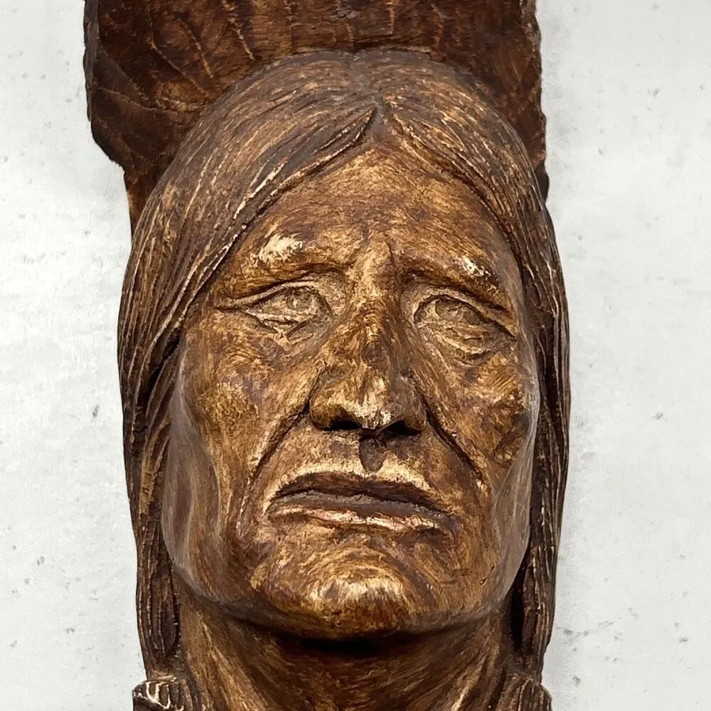 Vintage INDIAN CHIEF Wooden Sculpture‎ / Wall Art  Native American Made STAMPED